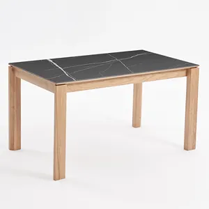 無垢材木製キッチンルーム長方形ダイニングテーブルロックマーブルテーブルトップダイニングルームセット家庭用