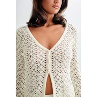 Conjunto de Dos Piezas de Ganchillo Blanco Personalizado 2026, Cuello en V, Manga Larga, Falda Línea A, Traje de Playa Hueco para Verano