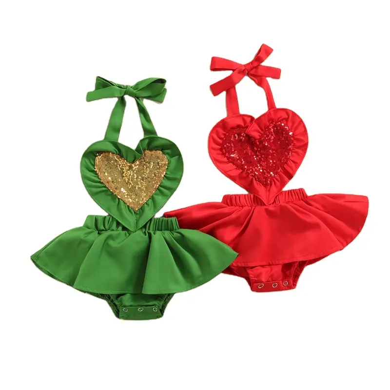 Grüne und rote Baumwolle Sommer Valentinstag Stram pler Sets Pailletten Baby Valentinstag Baby Stram pler Mädchen Kleidung Kleinkind Outfit Kleidung