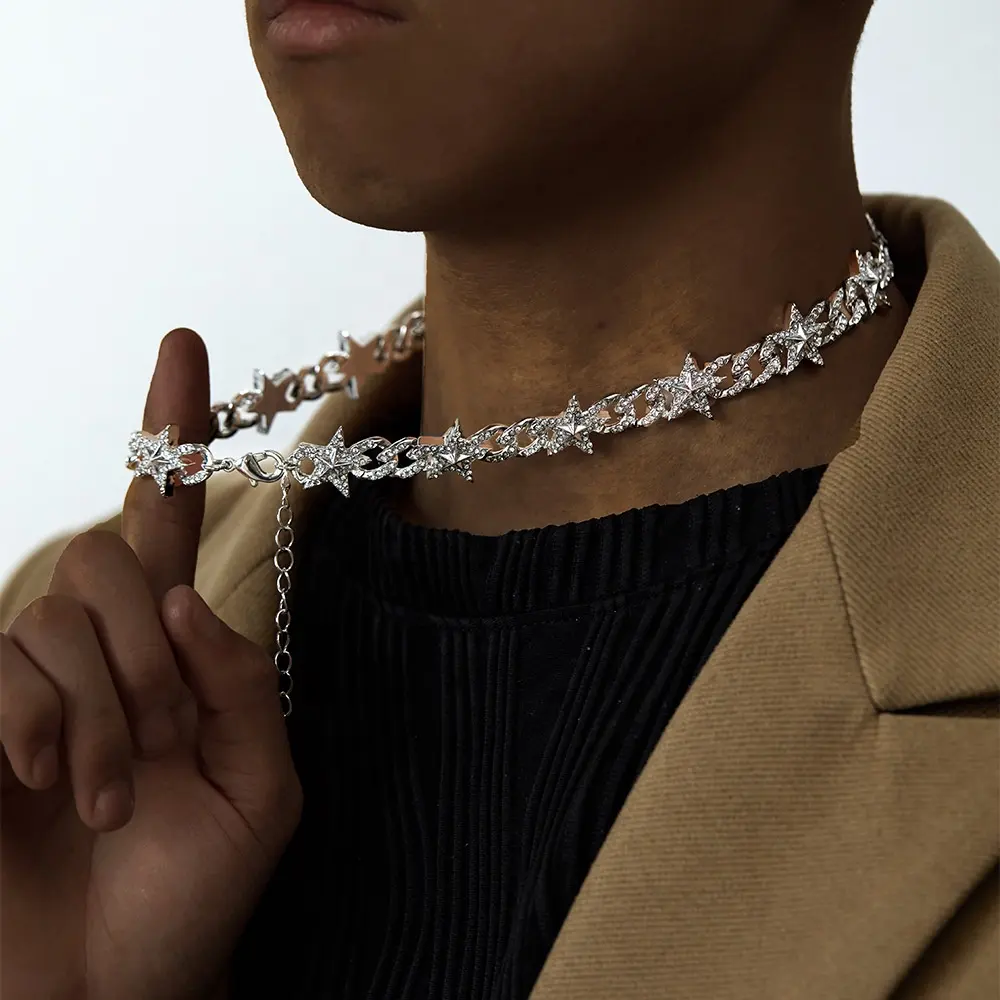 YS Hip Hop Elegant Basic Link Choker Good Silver Necklaces Crystal Star Necklace Chain