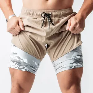 Pantalones cortos deportivos para hombre, con bolsillos y cremallera, tejido doble de camuflaje, para correr y Fitness, secado rápido