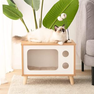 Cat House Condo en bois en forme de téléviseur pour chat-Grand abri intérieur de luxe robuste avec jouets à gratter pour coussin - Product Image 3