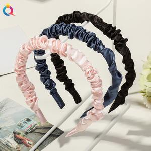 Qiyue Dameshaaraccessoires 8Cm Satijn Geplooide Effen Kleur Dunne Hoofdbanden Met Bb Clips - Product Image 5