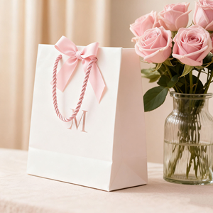 Bolsa de Papel Rosa de Lujo con Asa de Lazo de Satén, Logotipo Personalizado Impreso, Bolsa de Compras Pequeña para Joyería, Boutique, Regalo - Product Image 3