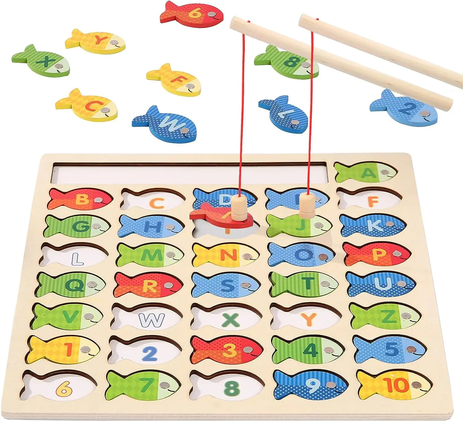 Mainan memancing magnetis dengan huruf dan angka, mainan memancing kayu untuk balita montesori, mainan keterampilan Motor halus dengan huruf dan angka
