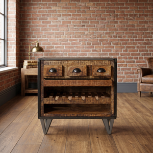 Armoire de rangement de cuisine en bois massif de style industriel vintage avec tiroirs et porte-bouteilles, pieds en métal - Product Image 3