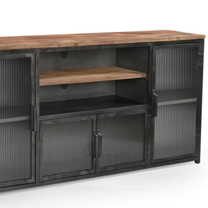 Aparador de hierro y madera con 4 puertas de cristal, acabado en metal natural y madera reciclada, mueble de metal y madera reciclada. - Product Image 6