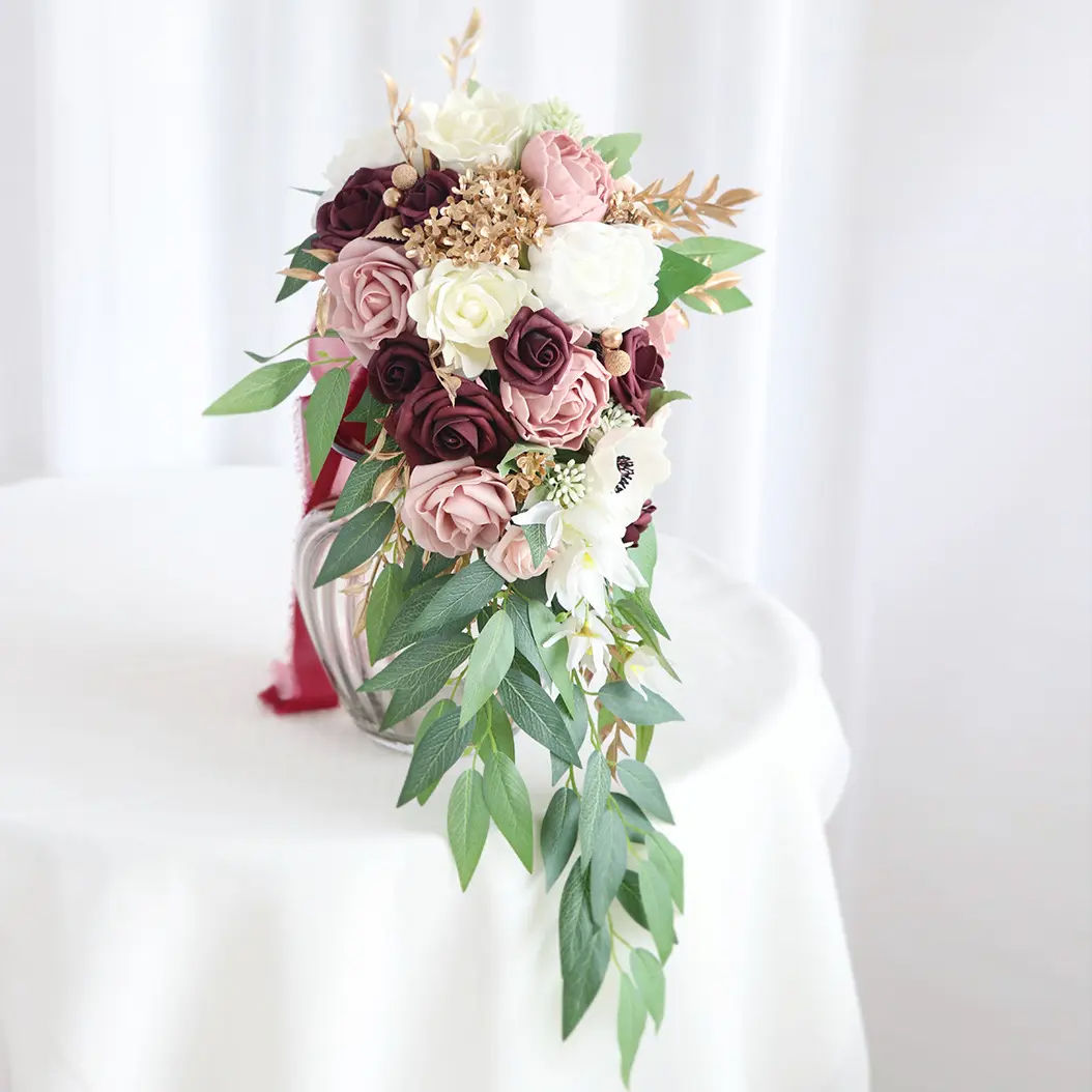SPH034 Eco-friendly Competitive Wine Red Bean Paste Pink Water Drop Bridal  Bouquet for Wedding Home Decoration, image size:1054x1054