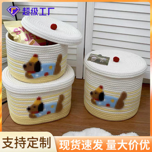 Woven Cotton Storage <b>Basket</b> With Lid Round Handmade For Household Organization Large Capacity 100% Cotton - Product Image 5
