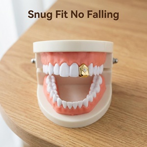 Grillz de luxe AIJIER pour un seul dentier, motif vampire, zircone cubique, plaqué <span class=keywords><strong>or</strong></span> 14K, style <span class=keywords><strong>rappeur</strong></span>, entièrement serti de pierres - Product Image 1