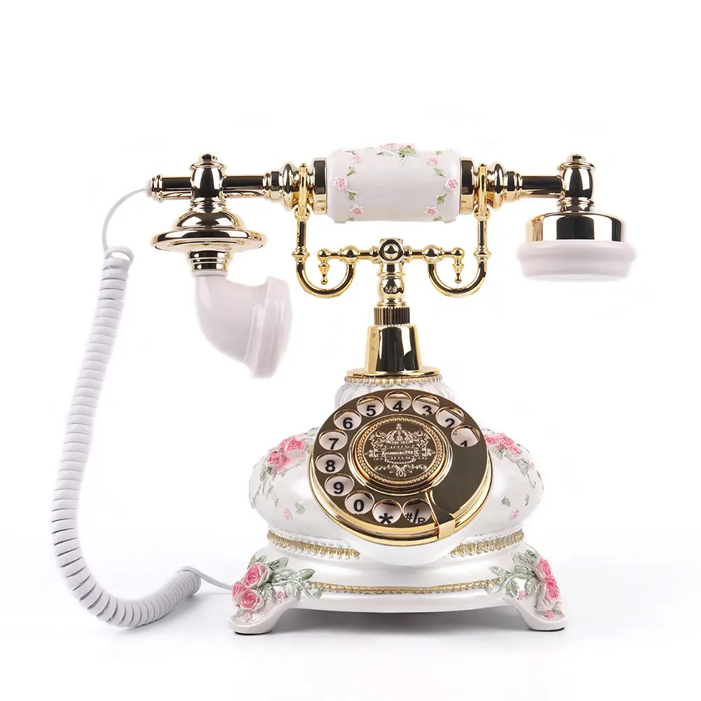 Cheeta 8306 Flower White with Golden Rotary Vintage message recording Audio Guest Book Telephone for Wedding