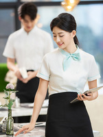 Nouvelle chemise de travail unisexe en polyester à boutons, manches courtes, pour l'été, idéale pour les serveurs, les salons de thé, les restaurants occidentaux et la restauration rapide.