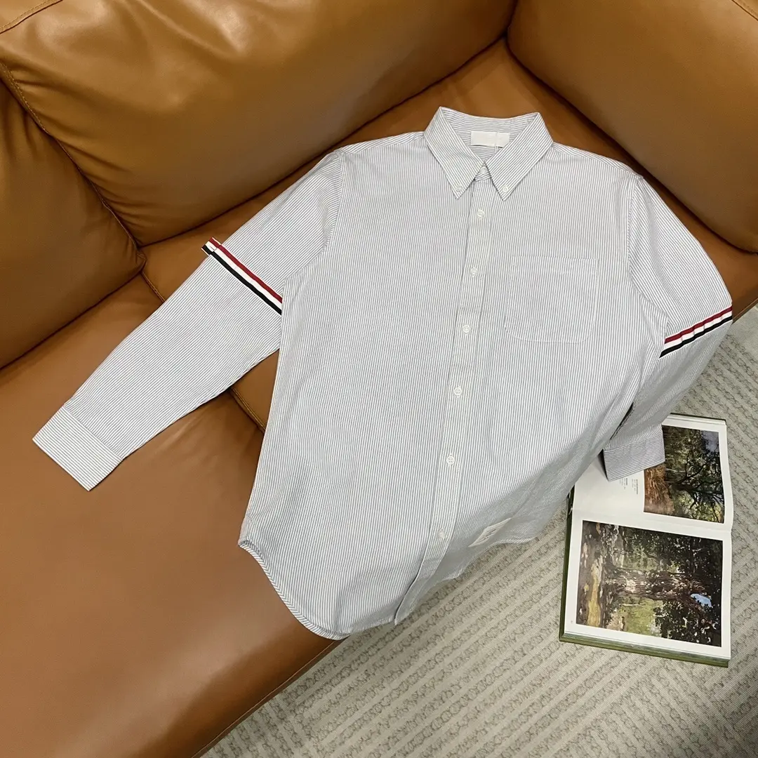 Camisa formal informal de estilo de diseñador para hombre y mujer, camisa de solapa de manga larga de algodón gris a rayas THOM para Office BROWNE
