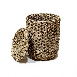 Panier de rangement rustique fait main en jonc de mer avec couvercle, grand, naturel, écologique, rond, tressé, pour le linge - Product Image 1