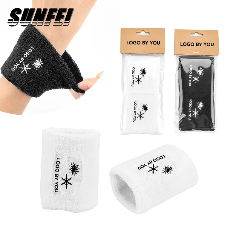 SUNFEI Basketball Tennis Striped Cotton Wristband Custom Embroidered Logo sport terry cloth wristband Cotton Wrist Sweatband