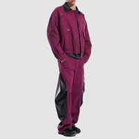 Veste de travail vintage en coton magenta avec col en cuir, coupe oversize, style streetwear, fermeture éclair, veste bomber utilitaire pour homme