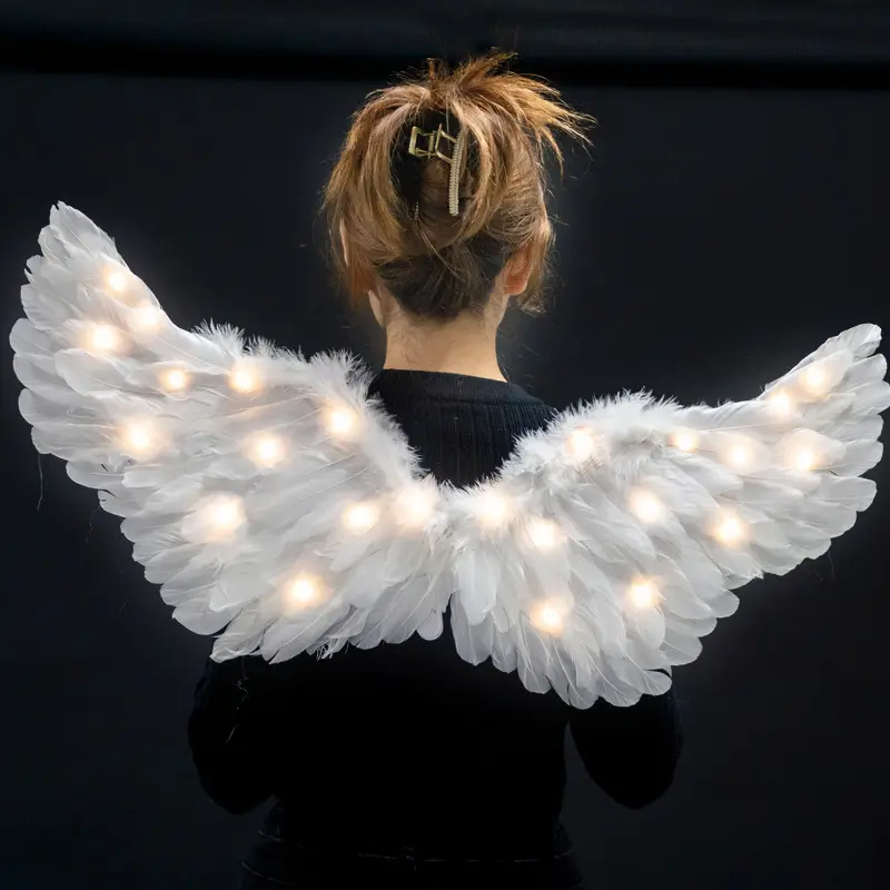 Christmas Props Halloween Decoration White Black Color Led Light Feather Angel Wings for Parties