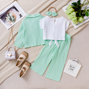 Nuovo Set Primaverile e Autunnale <span class=keywords><strong>per</strong></span> Ragazze: Canotta Tinta Unita + Camicia + Pantaloni in Crêpe + Cintura + Fascia <span class=keywords><strong>per</strong></span> Capelli - Product Image 4