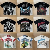 Kaos Katun Berkualitas Tinggi 1.1 EM dengan Hiasan Rhinestone Hot-fix, Cetakan Grafiti Retro, Model Longgar, Streetwear