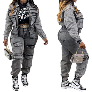 Pantaloni lunghi in <span class=keywords><strong>Denim</strong></span> lavati Multi-tasca da donna alla moda 2024 Set Casual in <span class=keywords><strong>Denim</strong></span> due pezzi - Product Image 3