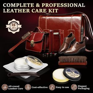 Kit d'entretien complet pour chaussures en cuir pour hommes - Ensemble de 15 pièces avec savon à cuir, huile de vison, 3 polissons et 3 brosses - Product Image 2