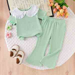 Completo estivo da bambina con colletto a bambola, maniche corte e pantaloni a zampa, due pezzi, grazioso ed elegante outfit per neonata - Product Image 3