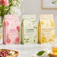 Sachet d'emballage alimentaire personnalisé, imprimé motif floral élégant, à fond plat, scellé sur huit côtés, avec fermeture éclair, en feuille métallisée, résistant à l'humidité