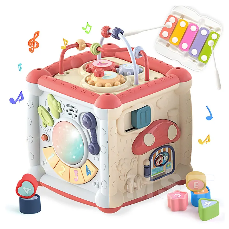 Clavier Musical multifonctionnel pour apprendre aux tout-petits, tambour, Xylophone perle, labyrinthe, horloges, trieur de forme, Cube d'activité pour bébé