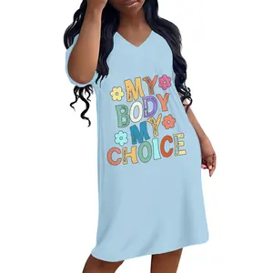 Summer Blue Short Sleeve Shirt Dress Colorful My Body My Choice Letters V neck T Shirt Dresses Flowers Print Custom Dress Women