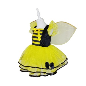 Costume d'abeille rayé noir et jaune MS avec ailes de fée et jupe tutu pour filles, robe de princesse fantaisie pour Halloween, tenue de scène imprimée pour enfants - Product Image 4
