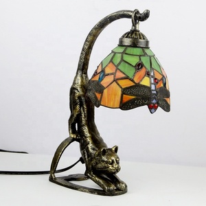 LongHuiJing Cat Art Stained Glass Tiffany Dragonfly Pattern Table Desk Lamp E14 Base AC Powered Dome <b>Night</b> <b>Light</b> for Bedroom - Product Image 3