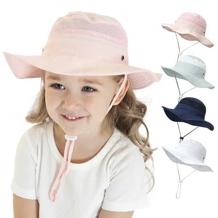 หมวกบักเก็ตป้องกันรังสียูวีสำหรับเด็กหมวกชาวประมงพร้อมเชือกถังชายหาดพิมพ์ลายเรียบ