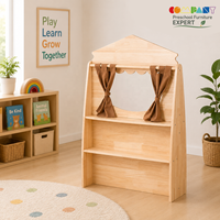 Soporte de madera para teatro de marionetas Montessori con marionetas para actividades de juego dramático y narración de historias en guarderías y jardines de infancia.