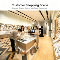 Ensemble de mobilier moderne pour magasin d'optique, présentoir mural en bois pour lunettes, vitrine centrale en verre avec éclairage LED