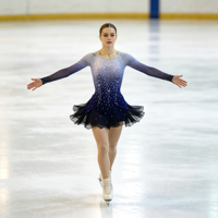 Robe de patinage artistique bleu-noir dégradé, manches longues en maille, dos ouvert croisé, jupe à strass pour adultes et enfants