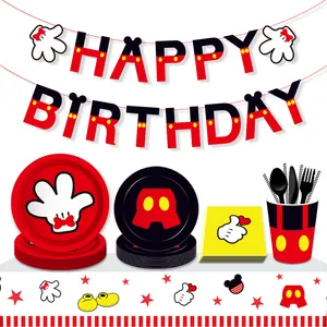 Huancai cartoon mickey party suprimentos descartáveis talheres set papel placas copos guardanapos para crianças aniversário festa decorações