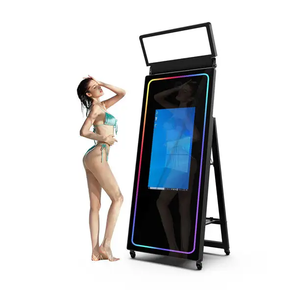 70'' Portable Selfie Magic Mirror Photo Booth Machine with Touch Screen LED Frame Compatible with Smartphones Printer Included