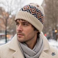 Topi rajutan beanie rajutan geometris jacquard ODM dengan manset rajutan bergaris, hangat dan nyaman, untuk distributor dan pembeli grosir