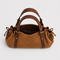 Tas Bahu Wanita Gaya Retro Prancis Vintage, Bahan Mirip Suede, Kapasitas Besar, Model Tali Serut, Dengan Trim PU
