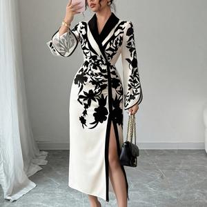 Kadın sonbahar ve kış fransız zarif çiçek baskı resmi ofis elbiseler V boyun yarık uzun elbise kadın abiye - Product Image 2