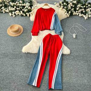 Denim Patchwork 2-teilige Sets Damen Outfit Herbstkleidung Damen Langarm Pullover Sweatshirt Top und Hosen Sets Lässige Trainingsanzüge - Product Image 3