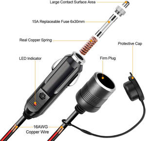 Câble d'extension allume-cigare 12V mâle à femelle avec ca-p pour compresseur d'air pompe à pneu refroidisseur réfrigérateur - Product Image 2