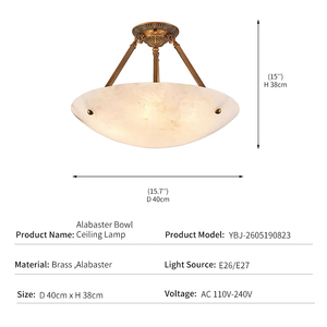 Lustre semi-encastré <span class=keywords><strong>en</strong></span> laiton et <span class=keywords><strong>albâtre</strong></span>, style vintage américain, pour salon, salle à manger, chambre, hôtel, projet, avec abat-jour <span class=keywords><strong>en</strong></span> forme de bol inversé <span class=keywords><strong>en</strong></span> pierre - Product Image 3