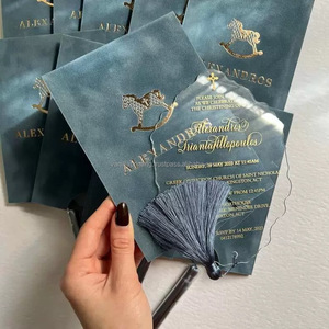 Carte d'invitation de baptême de luxe en acrylique avec enveloppe en velours et pompon, invitation de baptême personnalisée avec dorure à chaud - Product Image 5