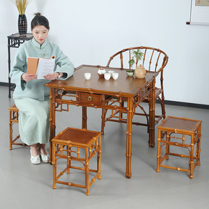 <b>Bamboo</b> Chinese Style Square Table And <b>Stool</b> Set 4 Piece Light Color Dining Room Furniture Durable Design - Product Image 4