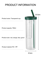 Bouteille d'eau en plastique Offre Spéciale d'infuseur de fruits de thé avec le couvercle et la paille Bouteilles d'eau en plastique de passoire de thé de citron sans BPA