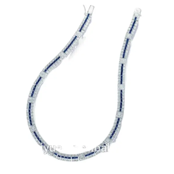 Keiyue luxury navy blue sapphire stone strand wide heavy choker necklaces silver fashion jewelry necklaces for women