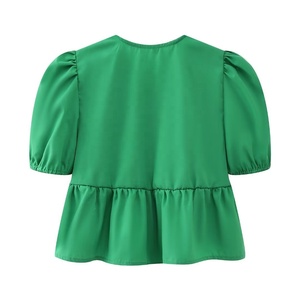 Camisa <span class=keywords><strong>de</strong></span> verano para mujer con camisa <span class=keywords><strong>de</strong></span> <span class=keywords><strong>corbata</strong></span> Vintage linterna manga corta cuello redondo blusas Chic elegante Puff manga corta sólido con volantes Top - Product Image 3