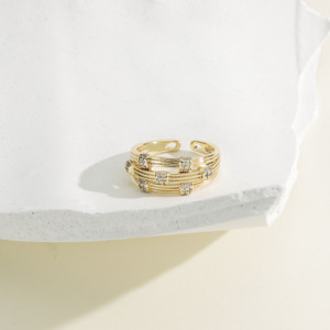 CMJewelry Trendy 14K Gold Plated Multi-layer Pave <b>CZ</b> Wide Band Statement <b>Ring</b> Women Elegant Brass Ribbed Textured <b>Ring</b> Wholesale - Product Image 3