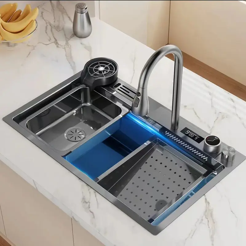 Fregadero de lujo de estilo moderno al por mayor, dispensador de jabón, grifo de cascada, fregadero de cocina de acero inoxidable 304, Evier De Cuisine Inox